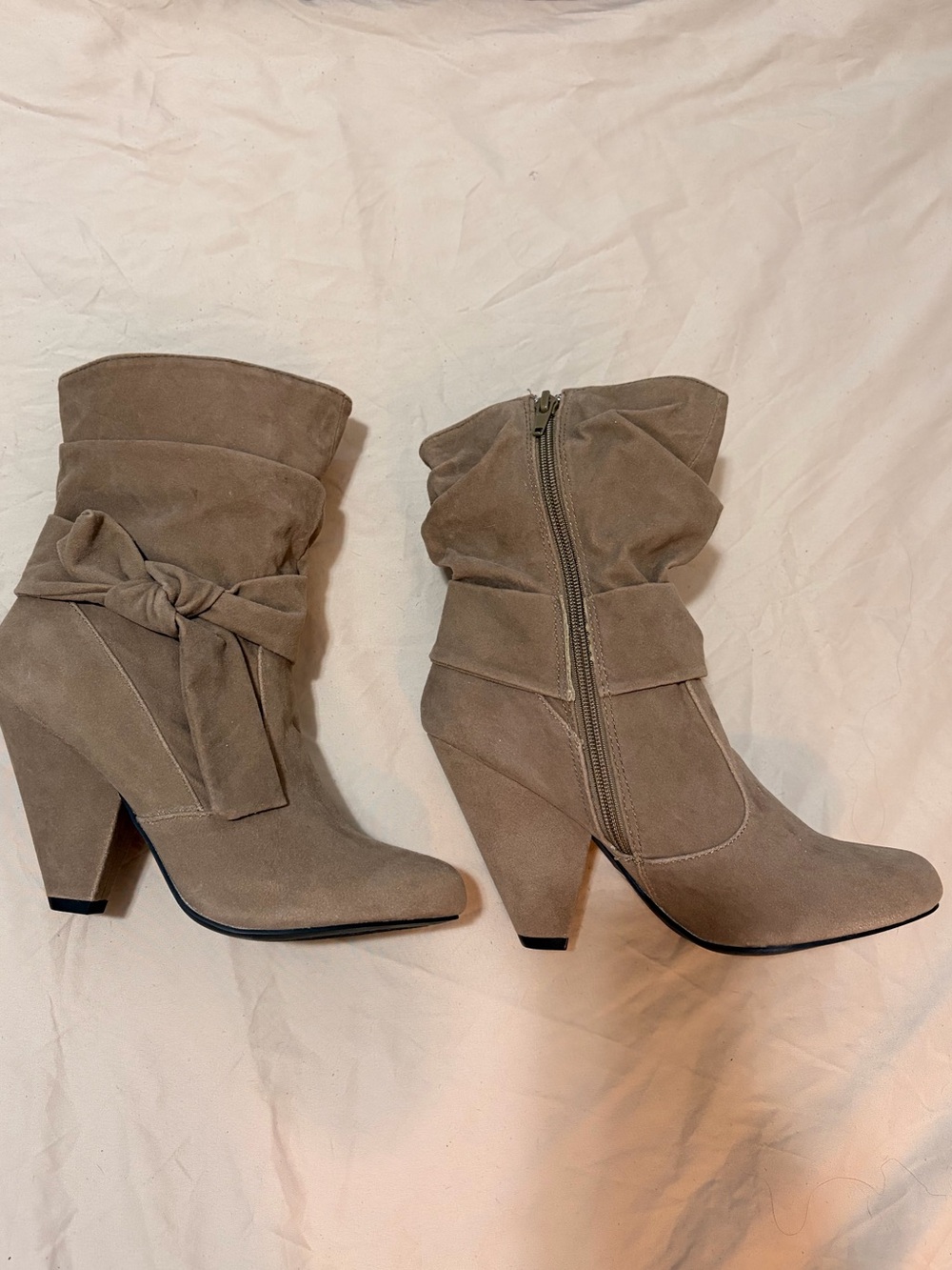 Qupid Taupe Slouch Suede Ankle Boots with Side Bow